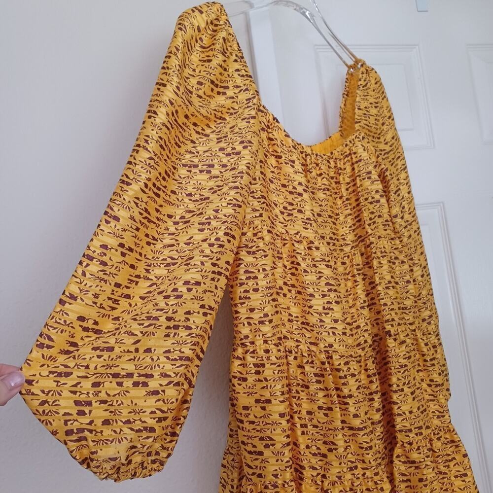 Alice + Olivia Rowen Mini Dress Yellow Maroon Floral Babydoll Puff Sleeve M - Picture 4 of 12
